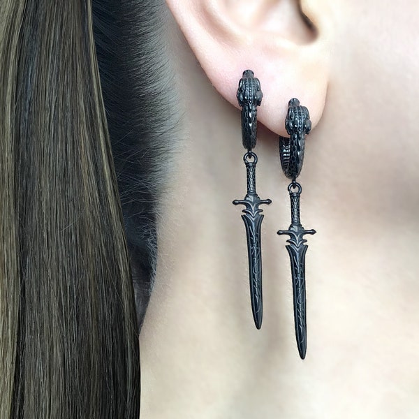 Dragon with Sword hoop earrings, dragon hoops, dragon earrings, hoops, gothic jewelry, mens hoops, sword hoops sword earring
