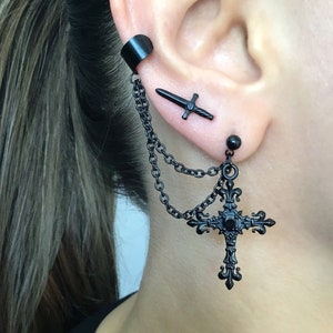 Cross earrings with Ear cuff ,Cross earrings, black earrings, gothic earrings, earring with cuff, cuff with earrings, gothic cross