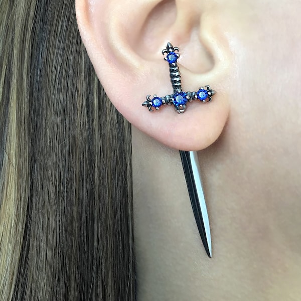 Fleur de lis Sword earrings, dagger earrings,Sapphire sword earring, ear jacket, sword ear jacket, dagger earrings, sword earring