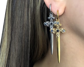 Crusader Cross Sword Earrings,Dagger hoop earrings,Dagger earrings, hoop earrings, gothic jewelry,  , sword hoops, long sword earrings