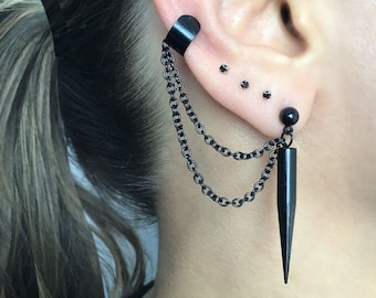 Clous d'oreille avec jonc d'oreille, boucles d'oreilles pendantes en acier inoxydable, chaîne de bijoux gothiques