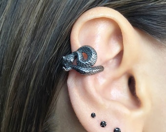 May include: A silver ear cuff shaped like a coiled snake with black accents. The ear cuff is worn on the upper part of the ear. There are three small black gemstone studs in the lower lobe of the ear.