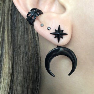 Moon and star earrings, Star and Moon earrings,  Front and back earrings ear jacket, black earrings,Moon ear jacket, Moon earrings