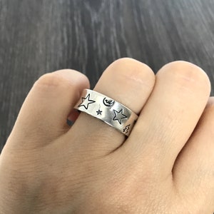 Sterling Silver Star and moon  ring, stars ring ,celestial jewelry, open ring, adjustable ring, moon ring, peace sign , star moon peace