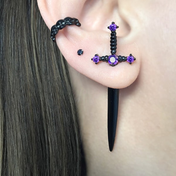 Sword Ear Jacket Earrings, with CZ stones ,Stainless Steel Dagger Earrings