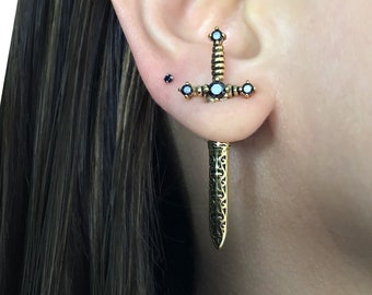 Sword earrings, dagger earrings, Front back earrings, stainless steel earring, gothic jewelry, ear jacket, sword ear jacket, dagger earrings