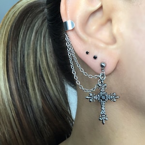 Cross earrings with Ear cuff ,Cross earrings, black earrings, gothic earrings, earring with cuff, cuff with earrings, gothic cross