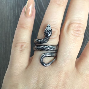 May include: A silver snake ring with a coiled design. The snake's head is raised and has a detailed texture.