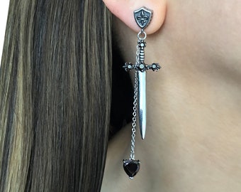 Sword and Shield Dangle Earring, Gothic Heart, Stainless Steel