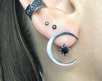 Pendientes de luna y estrella delanteros y traseros, pendientes de luna creciente, pendientes de estrella del norte, pendientes tipo ear jacket, pendientes de luna, pendientes tipo ear jacket de luna, delanteros y traseros