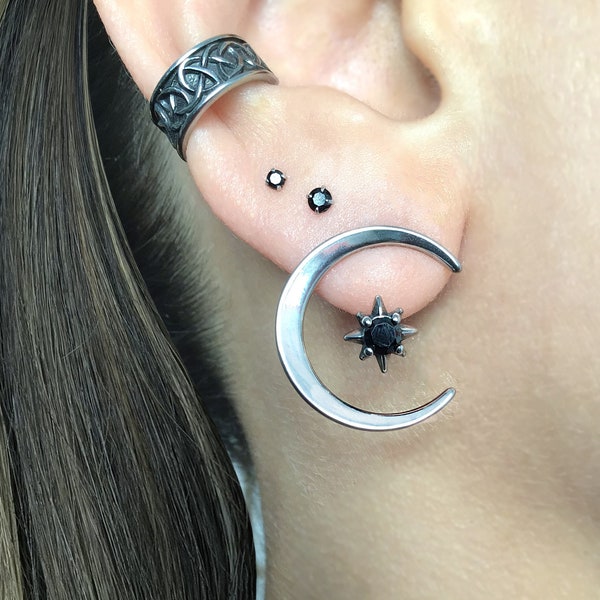 Front and back Moon and Star earrings, Crescent moon earrings, North star earrings, ear jacket, Moon earrings, Moon ear jacket, front back