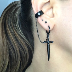 Sword earring with Ear cuff , dagger earring, sword hoop earring, hoop with cuff, gothic earring, ear cuff, earring with ear cuff, sword image 1