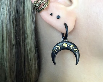 Moon earrings,Moon phase earrings, celestial jewelry, crescent moon hoops, moon hoops , moon jewelry, black earrings, black hoops