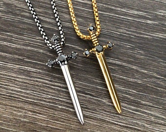 Sword Necklace with Black CZ, Unisex Jewelry,,Stainless Steel jewelry
