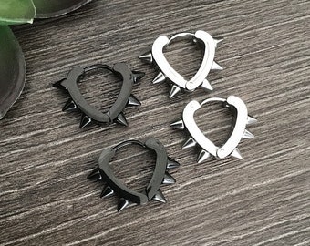 Spike Heart Hoop Earrings, Stainless Steel, Gothic Punk Style