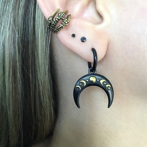 Moon earrings,Moon phase earrings, celestial jewelry, crescent moon hoops, moon hoops , moon jewelry, black earrings, black hoops