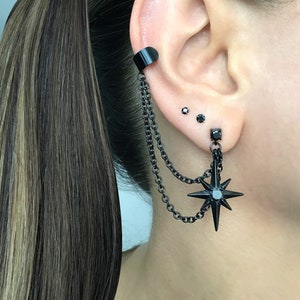 Starburst earrings with Ear cuff ,Starburst earrings, black earrings, gothic earrings, earring with cuff, cuff with earrings, North Star