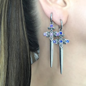 Sword hoop earrings,Purple Dagger hoop earrings,Dagger earrings, hoop earrings, sword earrings, sword hoops, long sword earrings.Sapphire