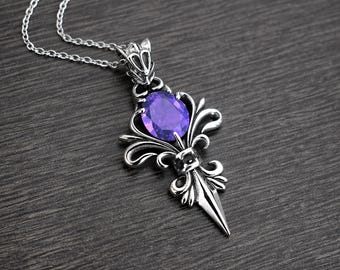 Gothic Fleur-de-lis Stainless Steel Necklace, Black and Purple