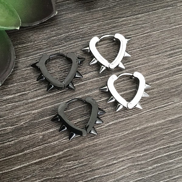 Spike hoop earrings, Black hoop earrings, spike earrings, spike heart  hoops, gothic jewelry, mens hoops, punk earrings, black earrings