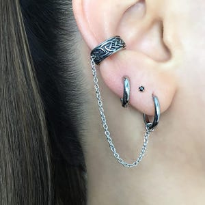 Celtic ear cuff with hoop earring, stainless steel earring, Celtic jewelry, Viking earring, Ear cuff, fake cartilage,Black earring
