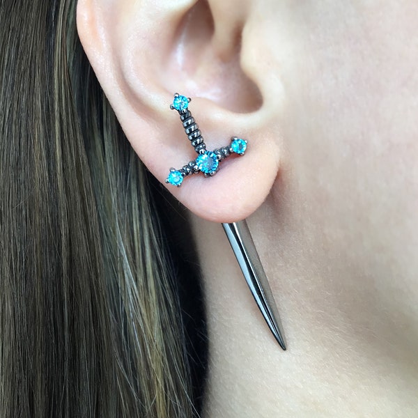 Aquamarine Sword earrings, dagger earrings, Front back earrings, gothic jewelry, ear jacket, sword ear jacket, dagger earrings sword earring