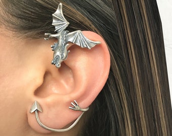 Sterling Silver Dragon Ear Cuff, Gothic No Piercing Jewelry, Left Ear
