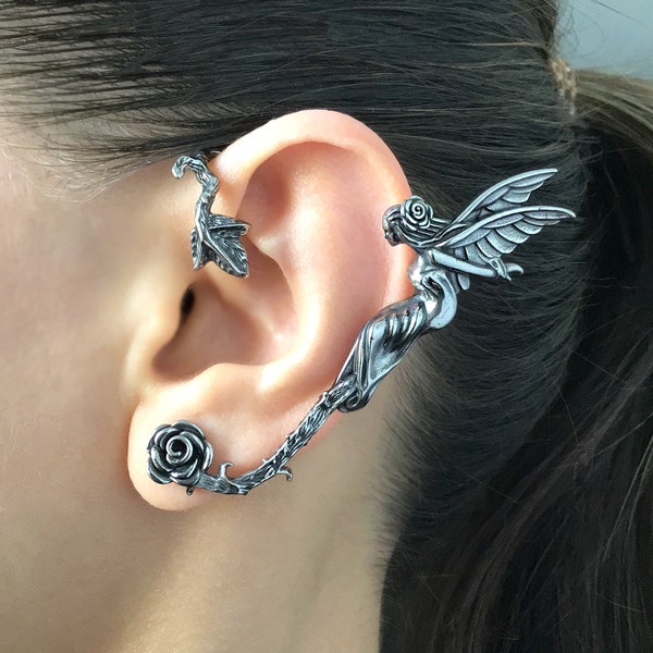 Fairy cuff earring, Fairy  earring, Gothic earring, gothic jewelry, Fairy ear cuff, Single ear cuff, Gothic ear cuff, Rose earring