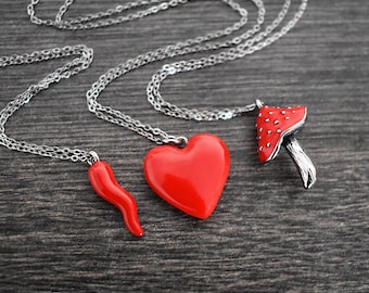 Enameled Stainless Steel Pendant Necklace, Fun Heart, Mushroom, Chili