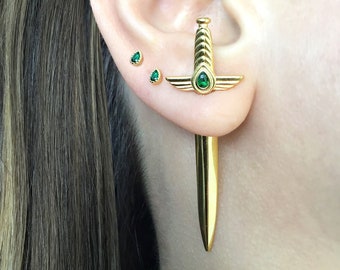 Emerald Green CZ Sword Ear Jacket, Gothic Earrings, Front back earrings