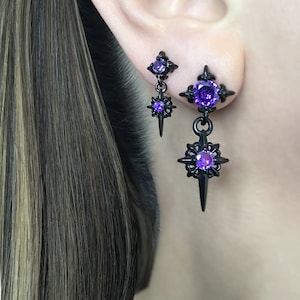 ☆人気☆【BLACKPURPLE】☆Signity symbol earring.s☆ Vintage 1980's Bronze Black Purple Resin Round Floral Fan