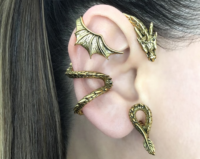 NO PIERCING Dragon cuff with large wing in Gold  Dragon earrings, Dragon ear cuff, Black Dragon, Dragon ear wrap