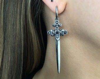Sword hoop earrings,Dagger hoop earrings,Dagger earrings, hoop earrings, gothic jewelry,  sword earrings, sword hoops, long sword earrings