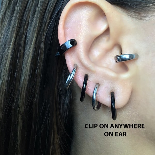 No piercing Clip on hoop, clip on earring, no piercing hoop, simple  hoop, hoop earrings, gothic earring, mens hoops, fake cartilage