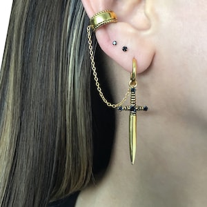 Sword earring with Ear cuff , dagger earring, sword hoop earring, hoop with cuff, gothic earring, ear cuff, earring with ear cuff, sword