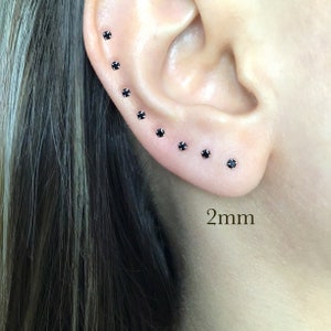 Sterling Silver Black stud earrings, black  studs, 2mm studs, tiny earrings,  black stone earrings, second piercing earrings,2mm earrings