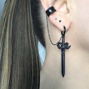 Ear Dagger Design Ram Sword Hoop Earring With Cuff, Statement Unisex Stainless Steel ...