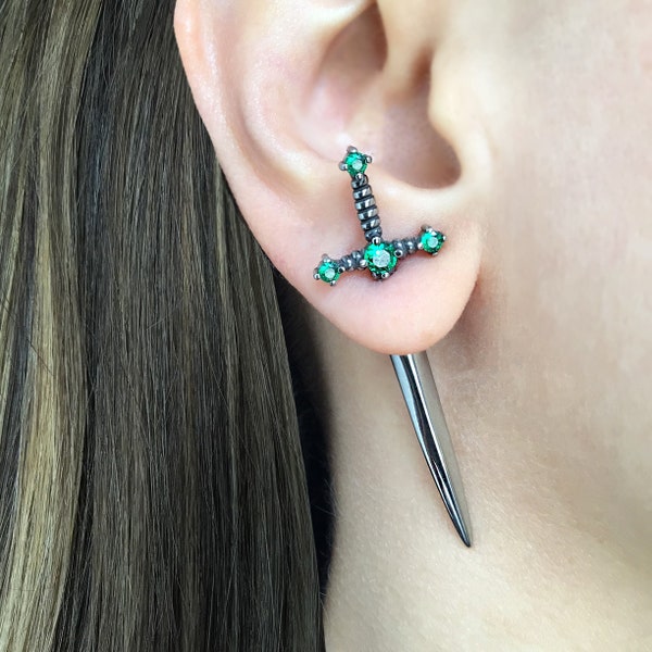 Emerald Sword earrings, dagger earrings, Front back earrings, gothic jewelry, ear jacket, sword ear jacket, dagger earrings, sword earring