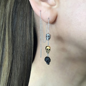 Skull Threader earrings,3 color skull earrings, Chain earrings, gothic jewelry, gothic earrings, Skull earrings, Skull  threader