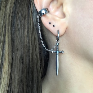 Sword earring with Ear cuff , dagger earring, sword hoop earring, hoop with cuff, gothic earring, ear cuff, earring with ear cuff, sword