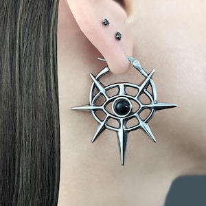 Eye with Spikes hoop earrings, Large hoops, Gold hoops, Evil eye earrings, Protection jewelry, Black hoops Eye jewelry,Eye earrings