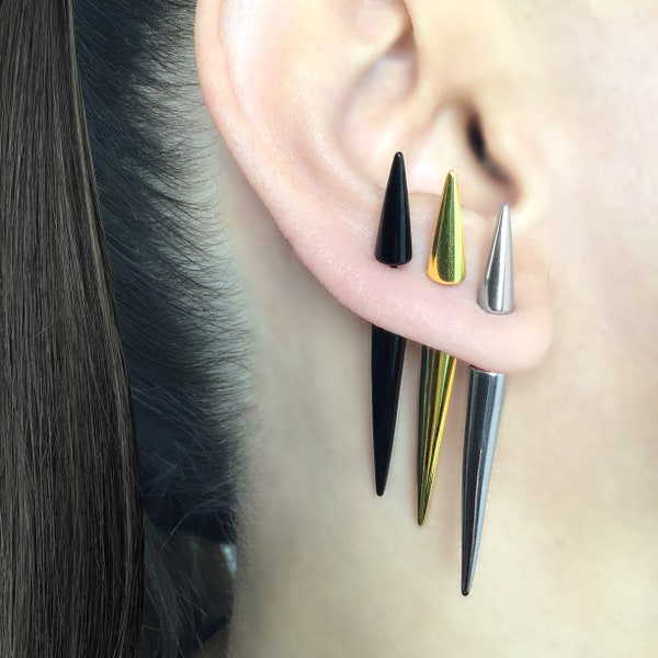 Spike earring, Long spike earrings, Black earrings, Front back earrings ear jacket, fake gauge earring,