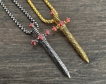 Ruby CZ Sword Pendant Necklace, Unisex Stainless Steel Jewelry