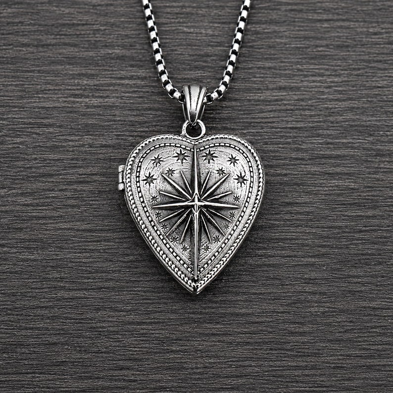 Heart Locket Necklace , North Star Heart Locket pendant, Unisex Stainless steel jewelry image 2
