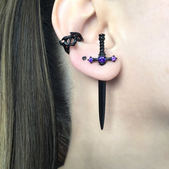 Sword Earrings With Purple CZ, Dagger Earrings, Gothic