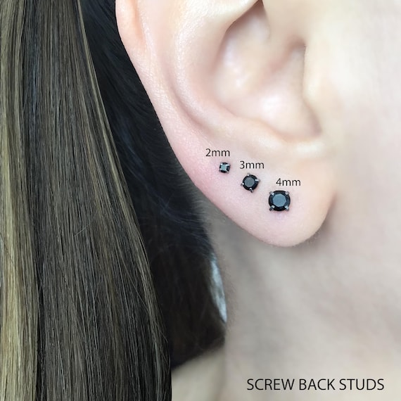 Black Cubic Zirconia Studs, Stainless Steel Screw Back Earrings