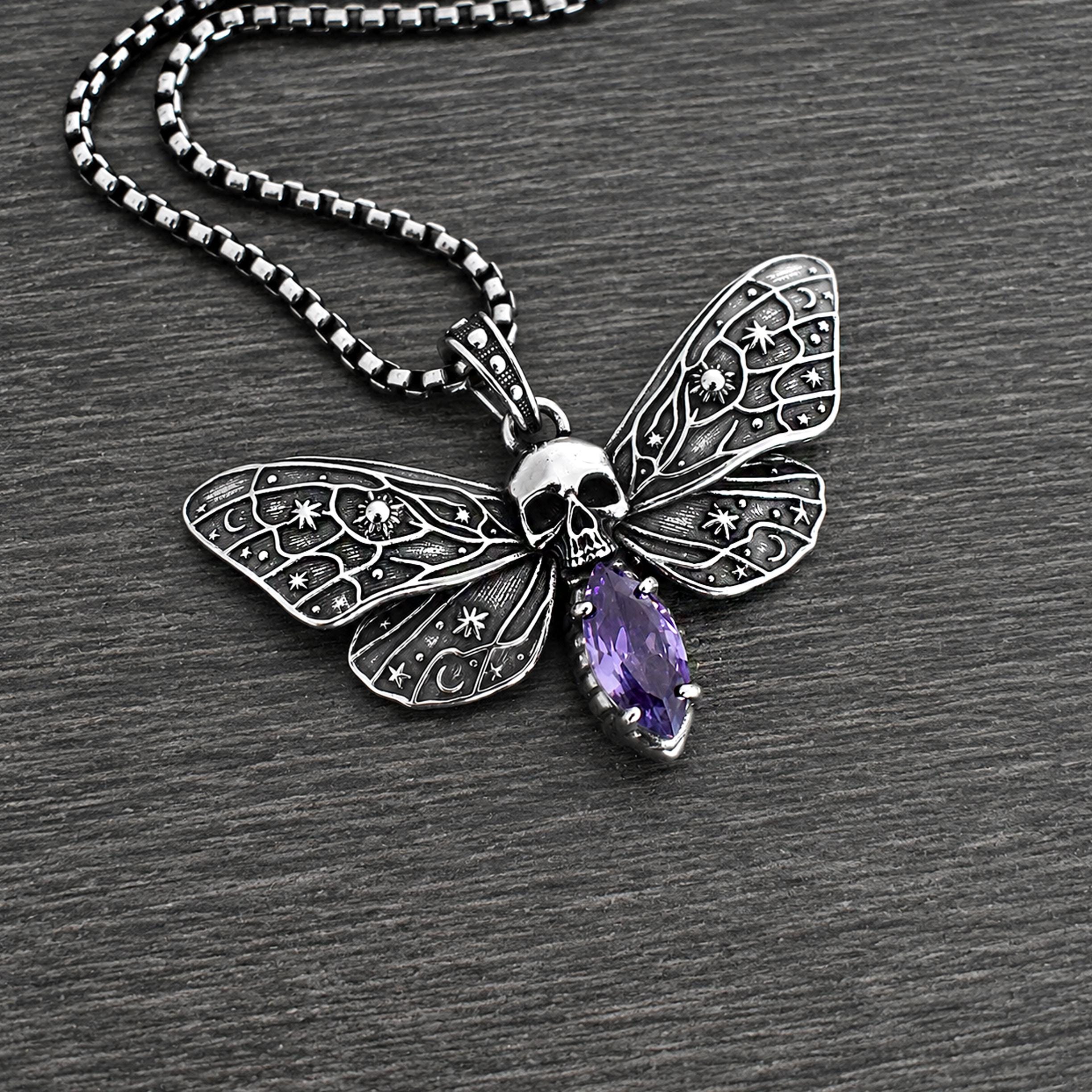 Cosmic Skull Moth Necklace with Purple stone , Stainless steel jewelry, Gothic Unisex  necklace