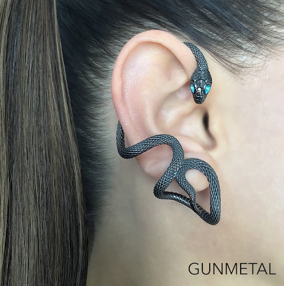 Snake Ear Cuff With Aquamarine Eyes, Serpent Ear Wrap, Gothic
