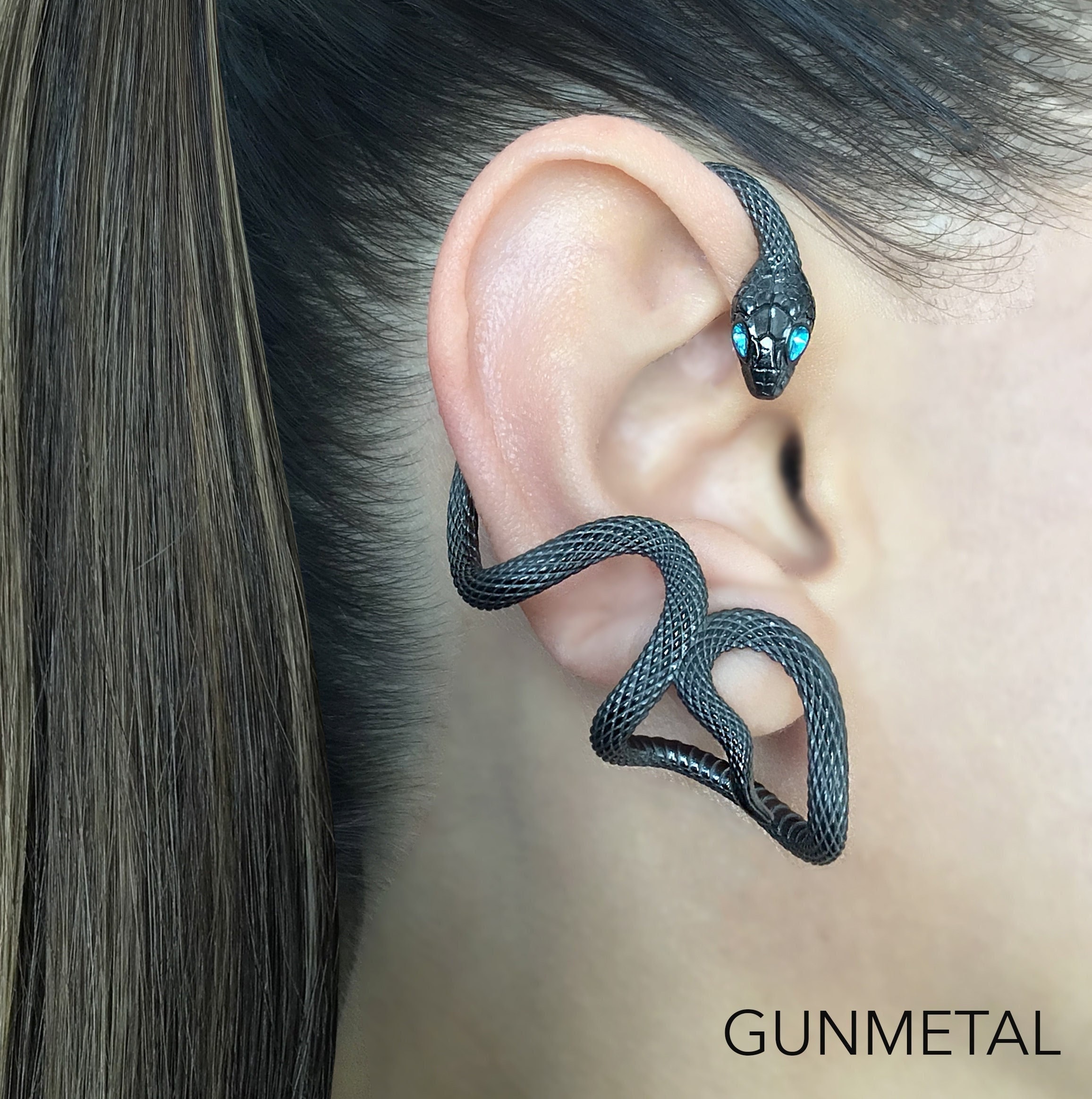 Snake Ear Cuff With Aquamarine Eyes, Serpent Ear Wrap, Gothic