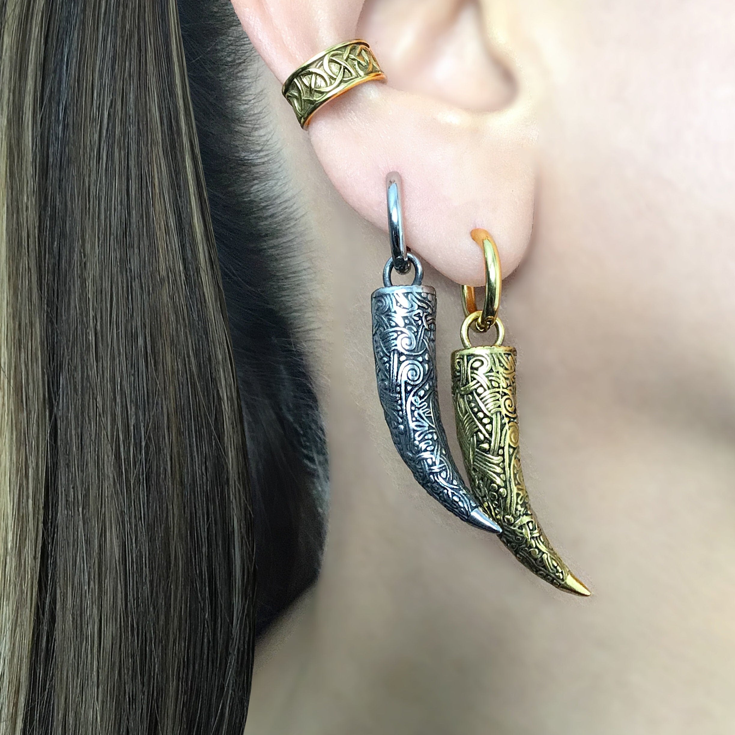 Tribal Celtic horn earrings, silver
